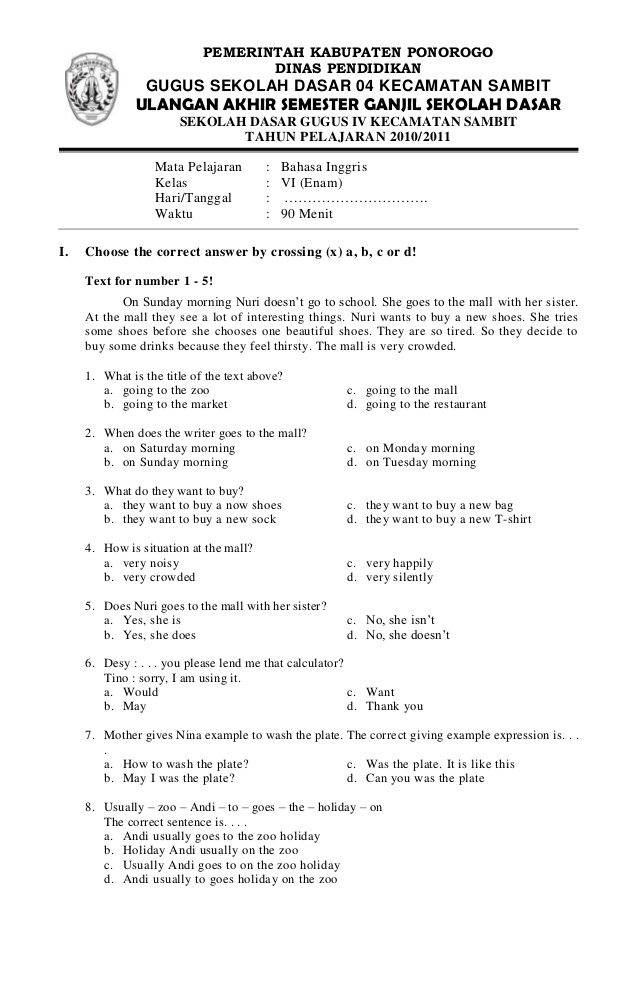 Soal ujian sekolah bahasa inggris kelas 6 sd pdf